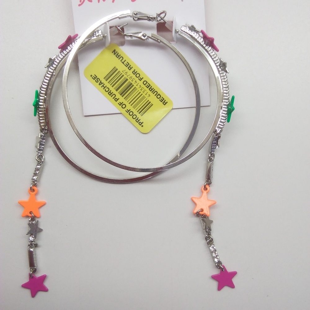 Betsey Johnson New Silver Hoop with Stars Earrings